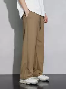 Hombres Pantalones rectos de cintura con cordón - Marrón Mocha - Ver 3