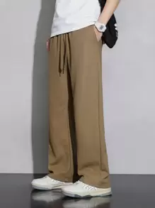 Hombres Pantalones rectos de cintura con cordón - Marrón Mocha - Ver 4