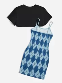 SHEIN 女孩高低下擺T恤和菱形印花吊帶連衣裙 - 彩色 - 查看 2