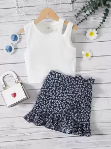 SHEIN Bộ hai mảnh Gái Cắt ra Viên lá sen Gân đan Họa tiết hoa Boho - Màu xanh hải quân - Xem 1