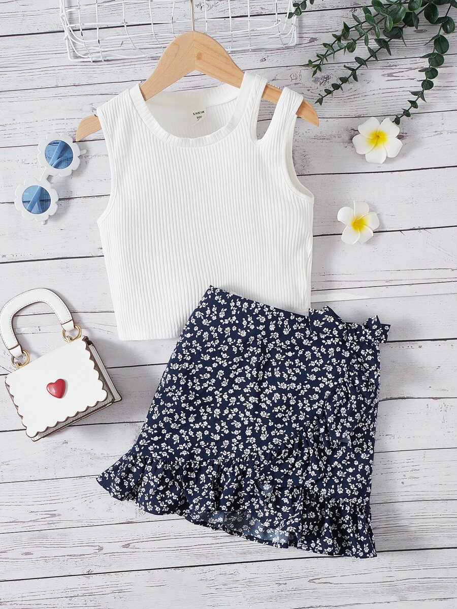 SHEIN Bộ hai mảnh Gái Cắt ra Viên lá sen Gân đan Họa tiết hoa Boho - Màu xanh hải quân - Xem 1