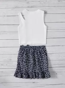 SHEIN Bộ hai mảnh Gái Cắt ra Viên lá sen Gân đan Họa tiết hoa Boho - Màu xanh hải quân - Xem 2