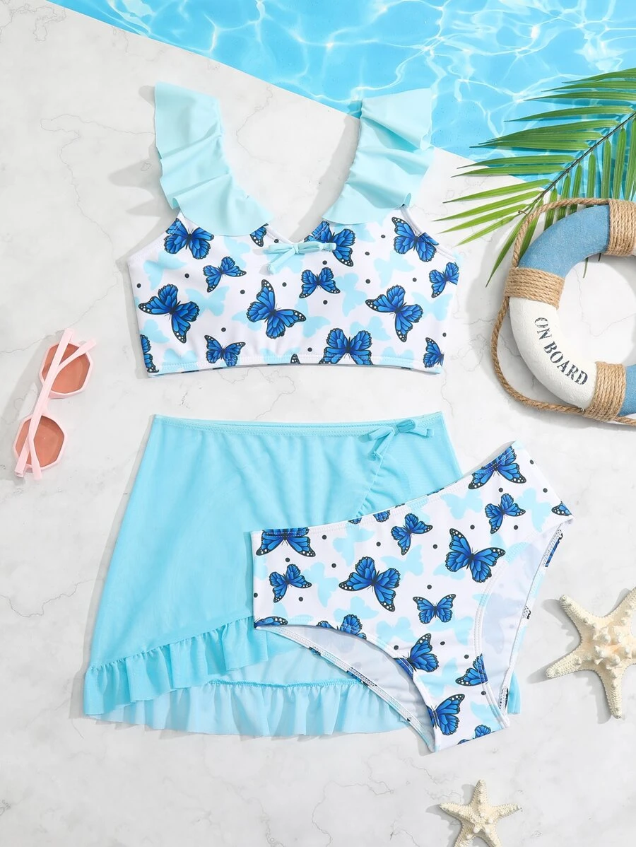 青少年女孩蝴蝶印花荷叶边比基尼套装带沙滩裙夏季海滩 - 彩色 - 查看 1