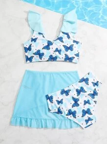 青少年女孩蝴蝶印花荷叶边比基尼套装带沙滩裙夏季海滩 - 彩色 - 查看 2
