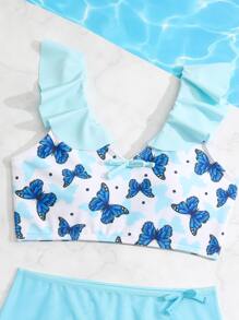 青少年女孩蝴蝶印花荷叶边比基尼套装带沙滩裙夏季海滩 - 彩色 - 查看 3