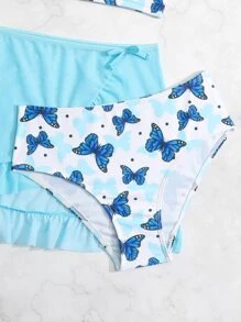 青少年女孩蝴蝶印花荷叶边比基尼套装带沙滩裙夏季海滩 - 彩色 - 查看 4