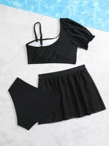 Conjunto de bikini liso con falda de playa para niña preadolescente, playa de verano - Negro - Ver 2