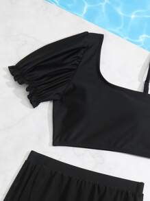 Conjunto de bikini liso con falda de playa para niña preadolescente, playa de verano - Negro - Ver 3