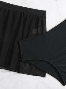 Conjunto de bikini liso con falda de playa para niña preadolescente, playa de verano - Negro - Ver 4