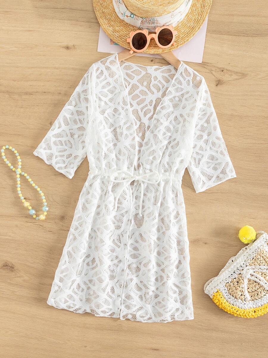 Girls Tie Front Mesh Kimono - White - View 1