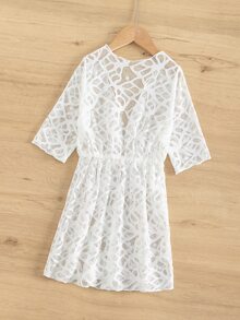 Girls Tie Front Mesh Kimono - White - View 2