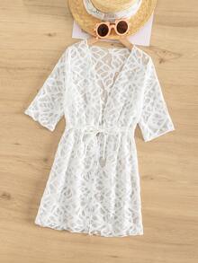 Girls Tie Front Mesh Kimono - White - View 3