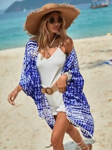 Swim Vcay 紮染小絨球邊蝙蝠袖和服罩衫 - 藍白色 - 查看 6