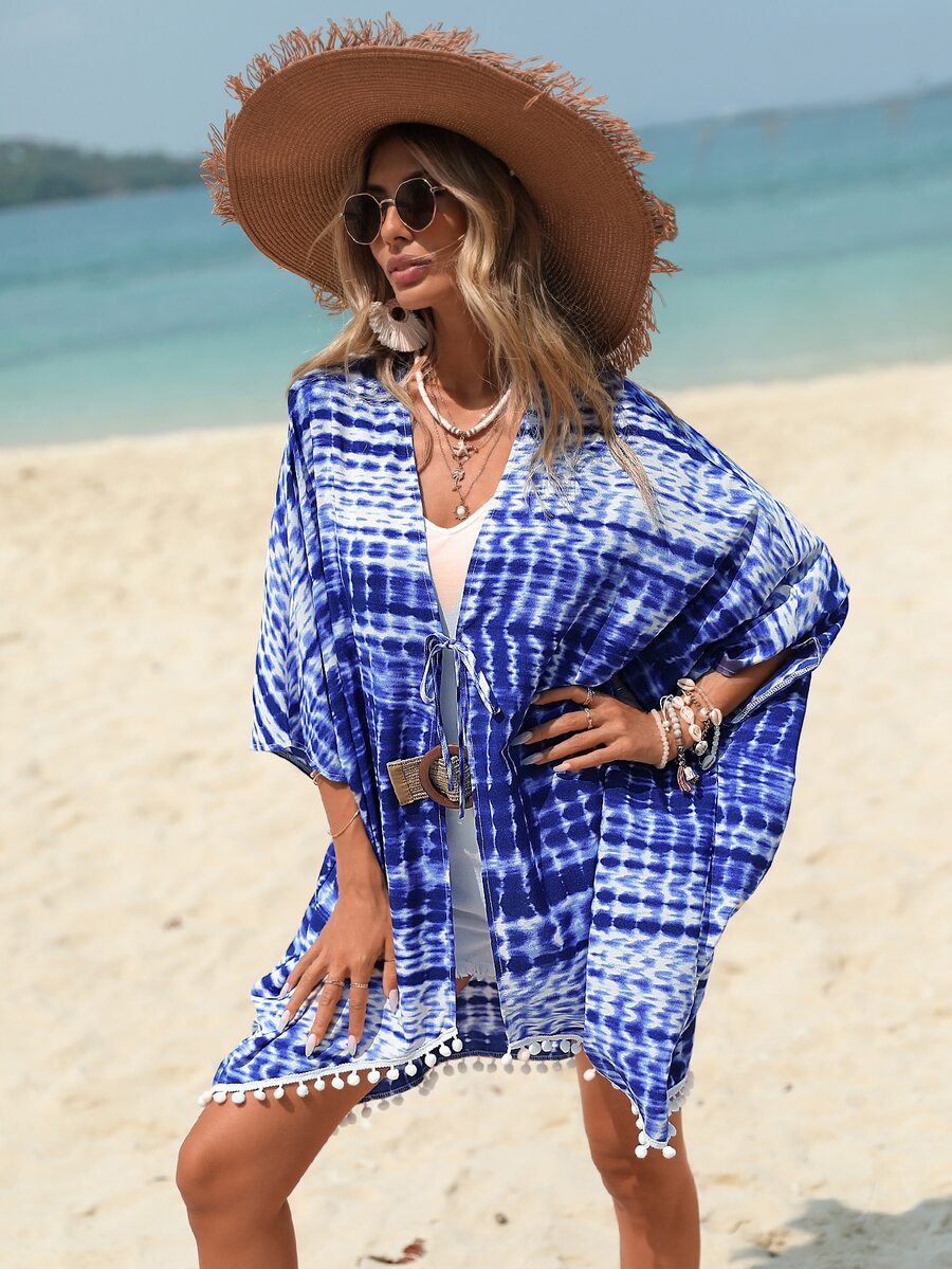 Swim Vcay 紮染小絨球邊蝙蝠袖和服罩衫 - 藍白色 - 查看 1