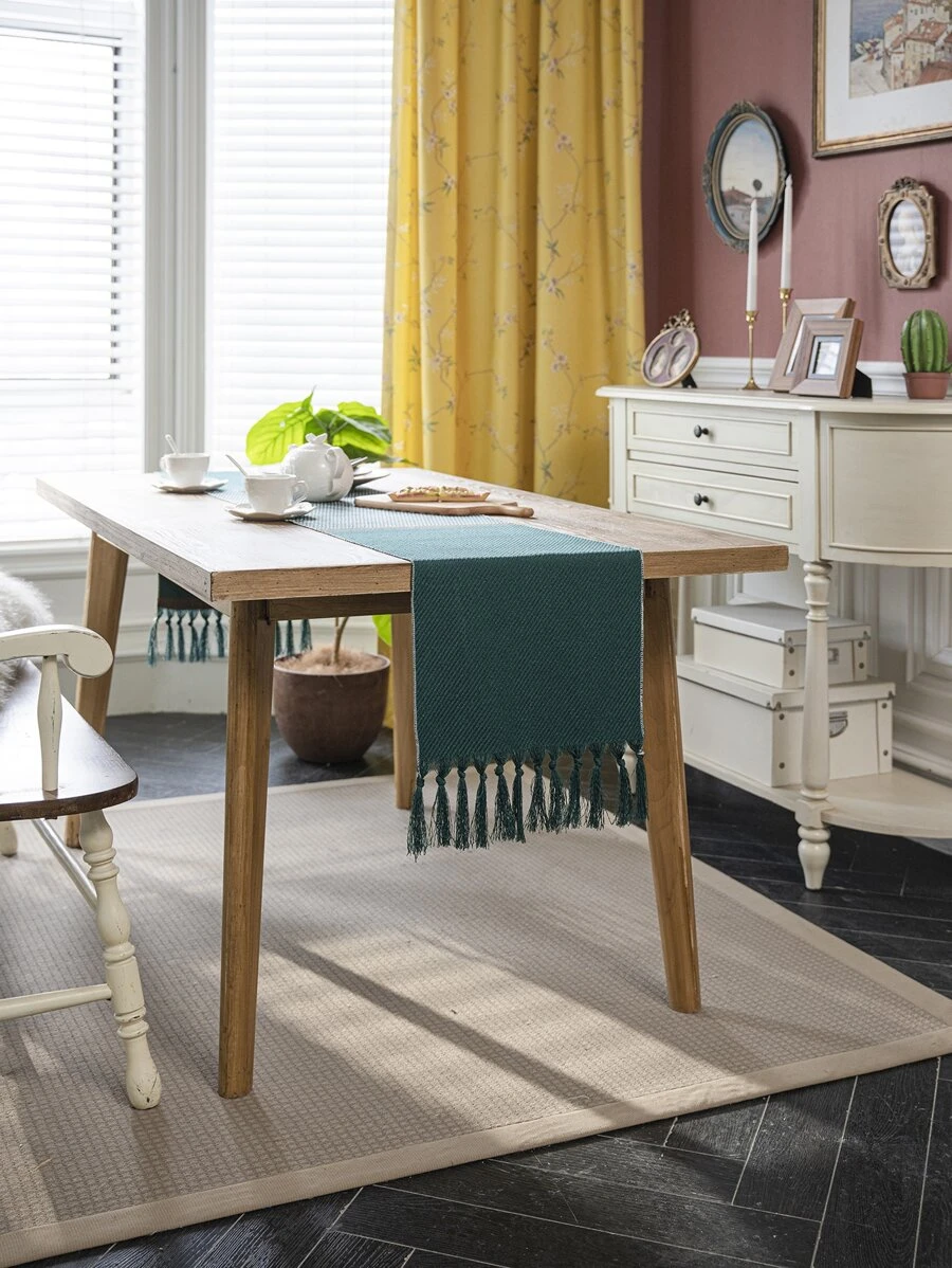 1pc Striped Pattern Table Runner, Modern Fabric Tassel Decor Table Runner For Home - Multicolor - View 1