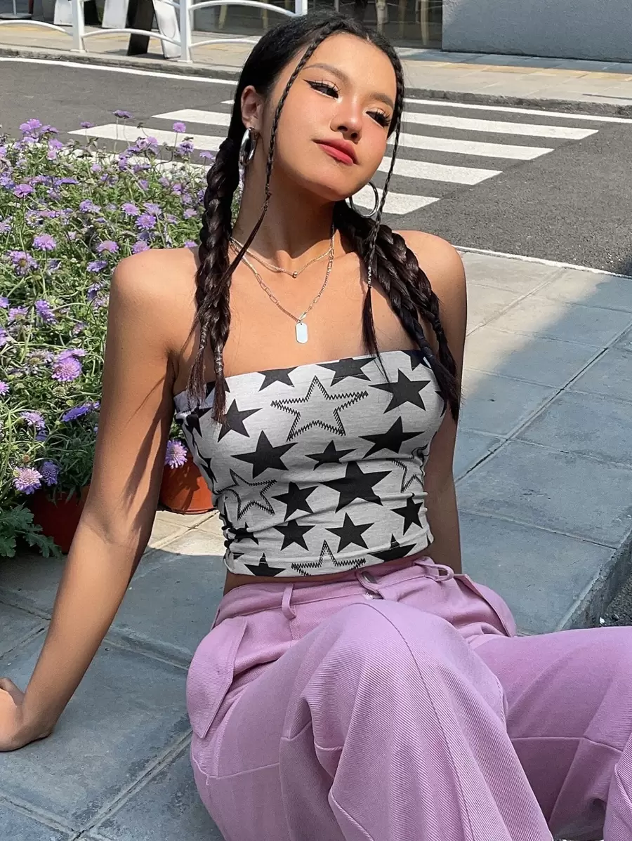 DAZY Áo ống in hình ngôi sao Y2K dành cho nữ Áo đi chơi Y2K - Xám - Xem 1