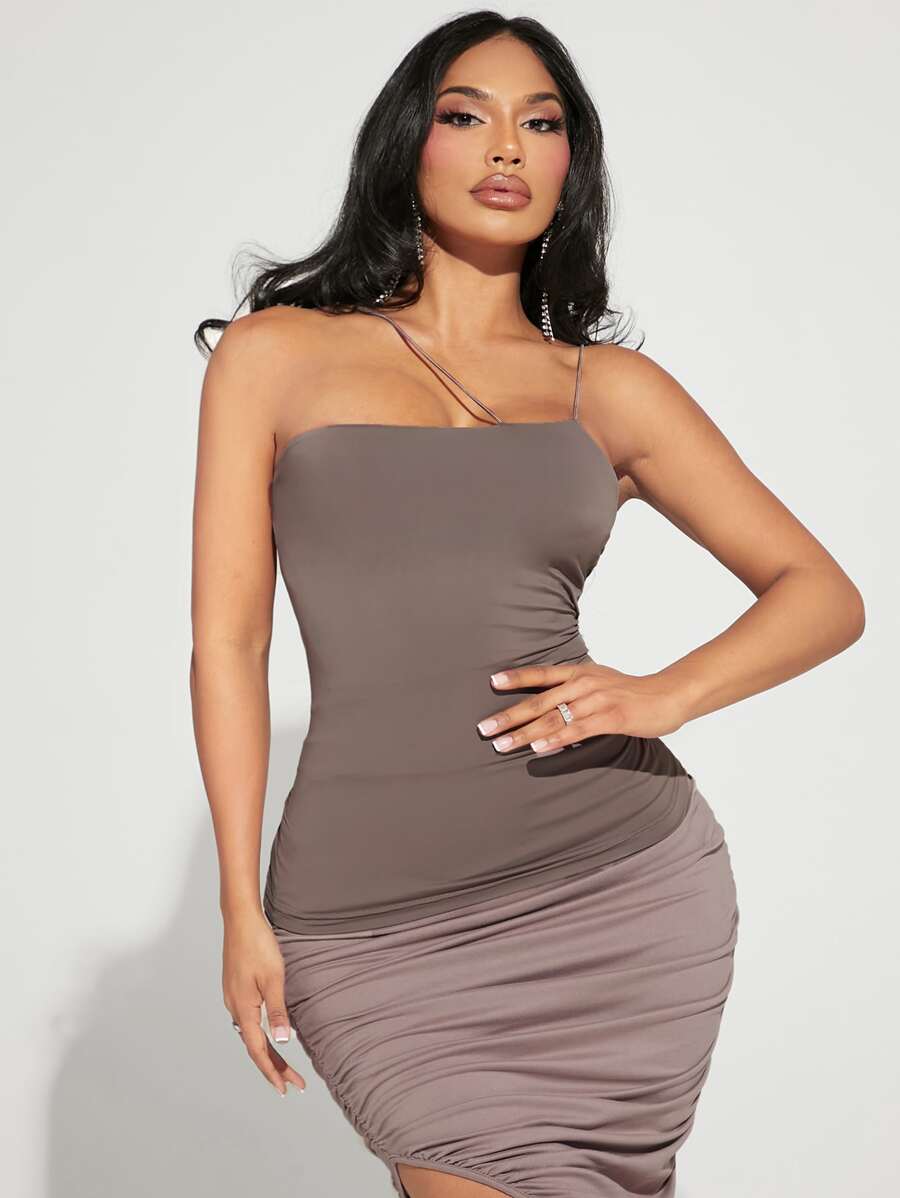 SHEIN SXY Solid Asymmetrical Shoulder Top - Mocha Brown - View 1