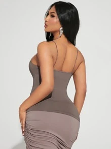 SHEIN SXY Solid Asymmetrical Shoulder Top - Mocha Brown - View 2