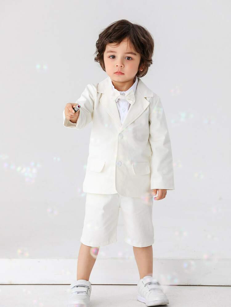 2 pièces Ensemble costume de gentleman pour jeunes garçons - Veste blazer à manches longues blanche et shorts, mode et style pour anniversaire, événement formel, mariage