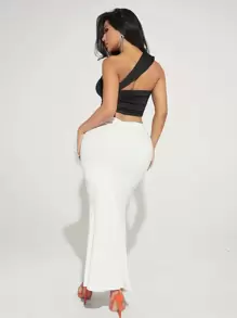 SHEIN SXY Váy nữ Xù màu trơn Thanh lịch - trắng - Xem 4