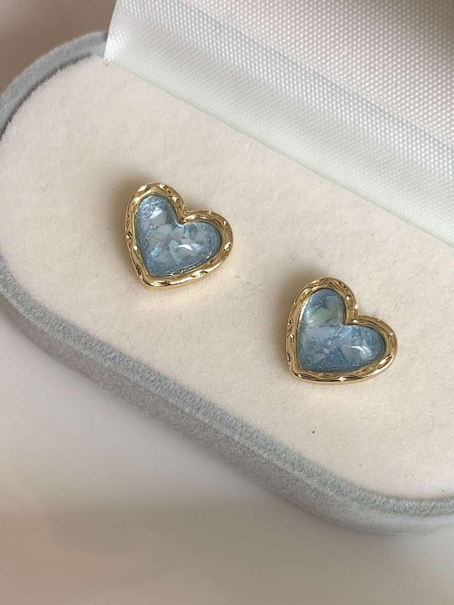 1 Pair Vintage Elegant Mini Cat Eye Heart Shaped Earrings, Simple Design Earrings - Baby Blue - View 1