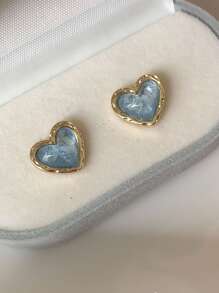 1 Pair Vintage Elegant Mini Cat Eye Heart Shaped Earrings, Simple Design Earrings - Baby Blue - View 3