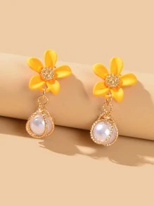 Flower Decor Faux Pearl Drop Earrings Valentines - Yellow - View 1