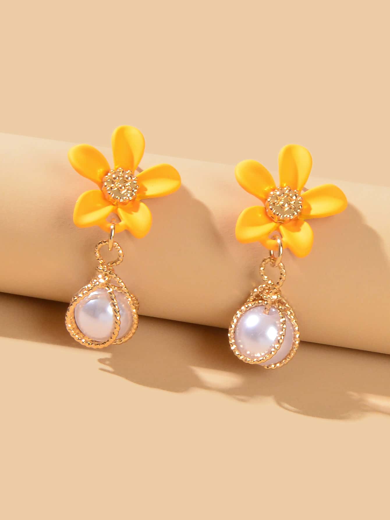 Flower Decor Faux Pearl Drop Earrings Valentines - Yellow - View 1
