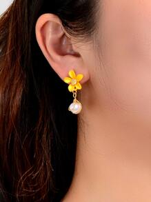 Flower Decor Faux Pearl Drop Earrings Valentines - Yellow - View 2