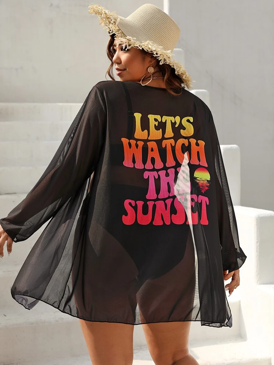 SHEIN Swim Curve Plus Slogan Graphic Kimono - Black - View 1
