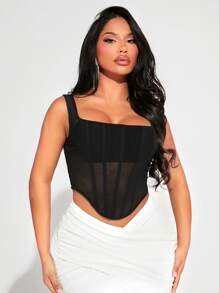 SHEIN SXY 不對稱下擺網紗背心上衣 - 黑色 - 查看 1