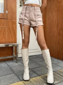 DAZY Flap Pocket Buckle Detail Shorts - Dusty Pink - View 2