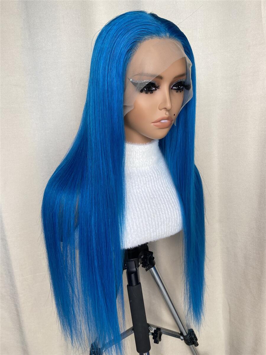 13*4 Lace Front Long Straight Human Hair Wig - Blue - View 1
