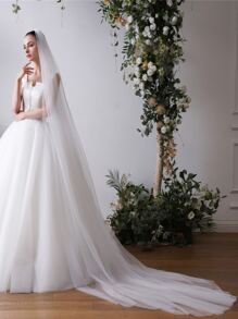 3m*3m Simple White Bridal Wedding Veil With Trailing, Minimalist Design - White - View 4