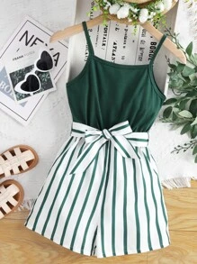 SHEIN Girls Striped Print Belted Cami Romper - Multicolor - View 1