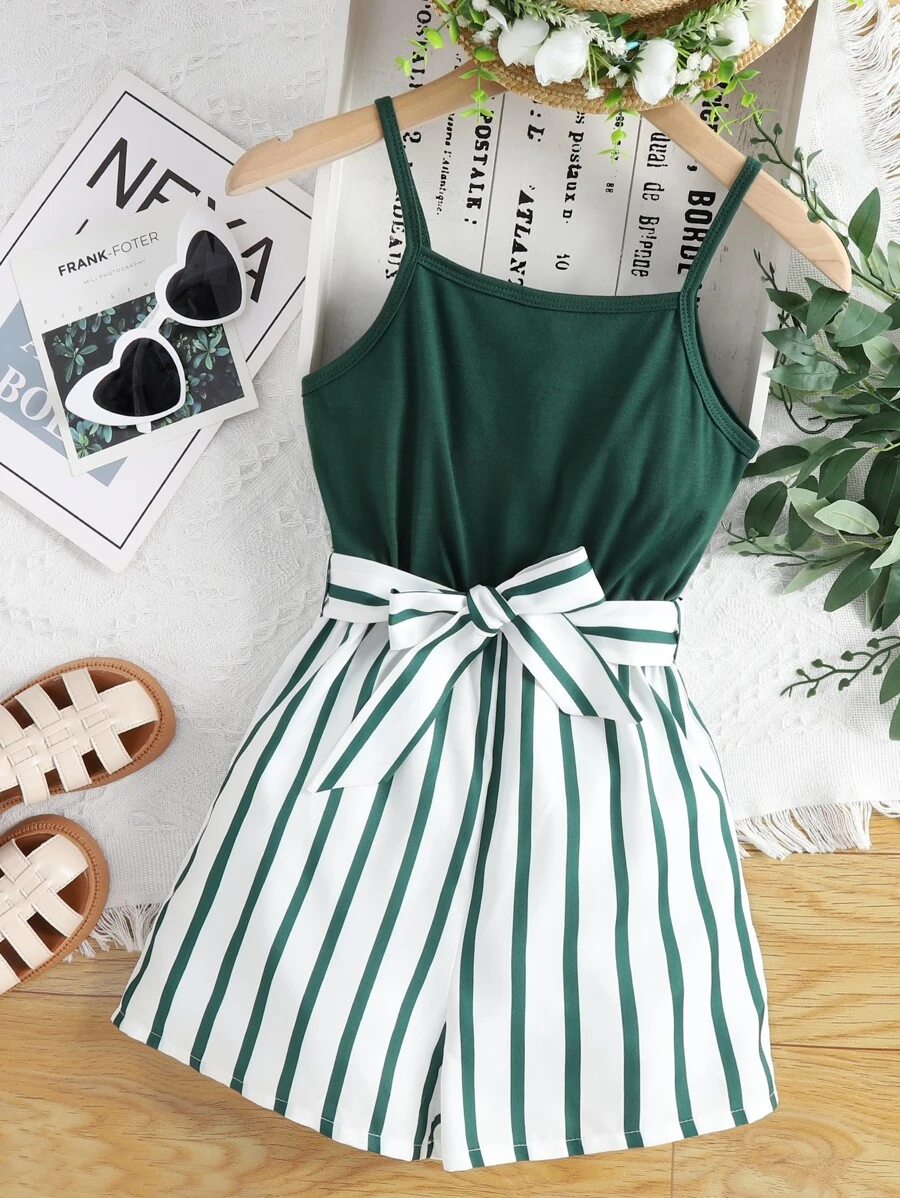 SHEIN Girls Striped Print Belted Cami Romper - Multicolor - View 1