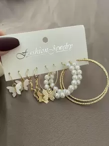 5對/組混搭款式 簡約時尚蝴蝶、珍珠、蛇、圓環造型合金耳環 - 彩色 - 查看 1