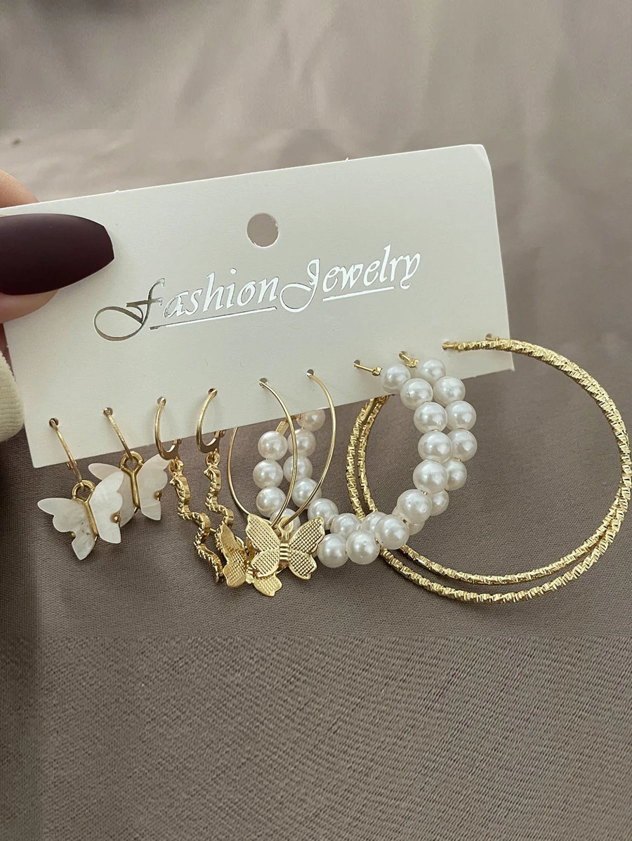 5對/組混搭款式 簡約時尚蝴蝶、珍珠、蛇、圓環造型合金耳環 - 彩色 - 查看 1