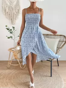 SHEIN VCAY Đầm viền lá sen Trọn gói Dải chun Họa tiết hoa Boho - Màu xanh lam - Xem 1