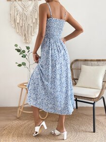 SHEIN VCAY Đầm viền lá sen Trọn gói Dải chun Họa tiết hoa Boho - Màu xanh lam - Xem 2