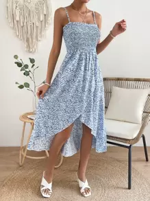 SHEIN VCAY Đầm viền lá sen Trọn gói Dải chun Họa tiết hoa Boho - Màu xanh lam - Xem 3