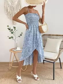 SHEIN VCAY Đầm viền lá sen Trọn gói Dải chun Họa tiết hoa Boho - Màu xanh lam - Xem 6
