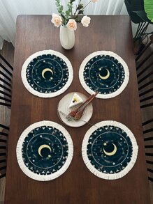 1 pieza Tapete de mesa con patrón de luna y estrella ribete con fleco poliéster redondo para casa