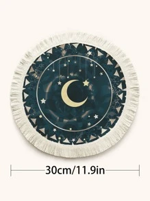 1 pieza Tapete de mesa con patrón de luna y estrella ribete con fleco poliéster redondo para casa