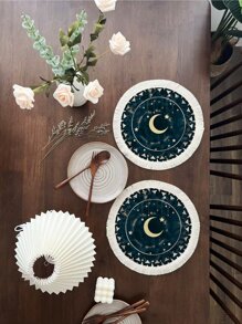 1 pieza Tapete de mesa con patrón de luna y estrella ribete con fleco poliéster redondo para casa