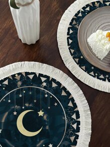 1 pieza Tapete de mesa con patrón de luna y estrella ribete con fleco poliéster redondo para casa