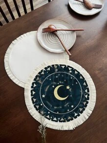1 pieza Tapete de mesa con patrón de luna y estrella ribete con fleco poliéster redondo para casa