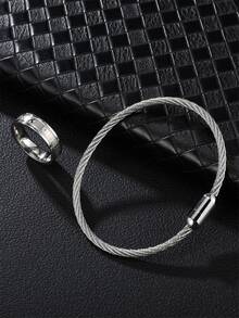 1pc Men's Simple Stainless Steel Necklace And Bracelet Set, Suitable For Daily Wear - Silver - View 3