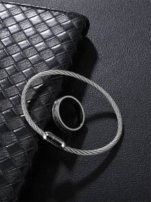 1pc Men's Simple Stainless Steel Necklace And Bracelet Set, Suitable For Daily Wear - Silver - View 6