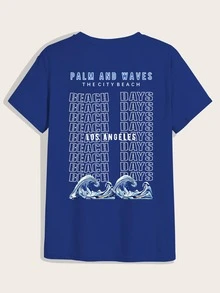 Manfinity 男士波浪和字母圖案T恤 - 藍色 - 查看 3